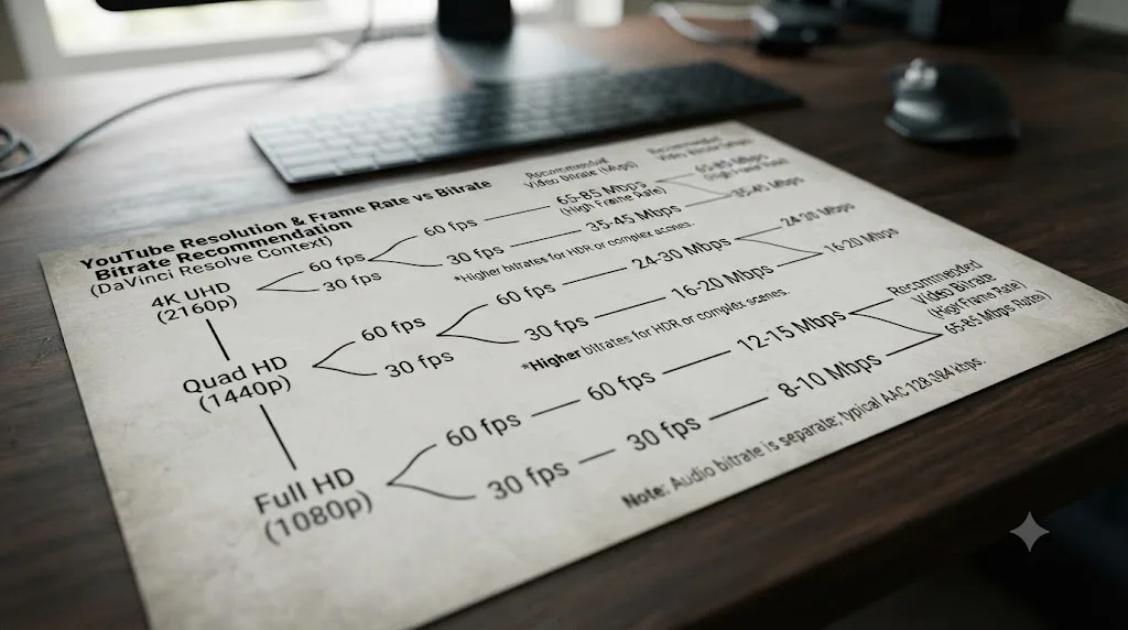 Illustration of a decision chart matching YouTube resolution and frame rate combinations to recommended bitrate values