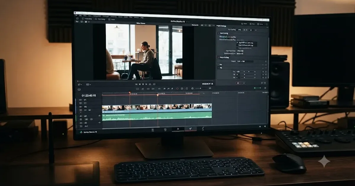 Illustration of a DaVinci Resolve timeline with a clip boxed in by black bars next to the Project Settings panel
