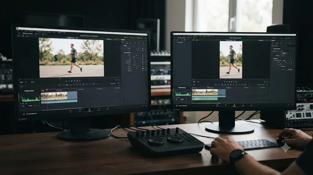 Illustration comparing DaVinci Resolve's free version scaling tools against the Studio-only Smart Reframe feature