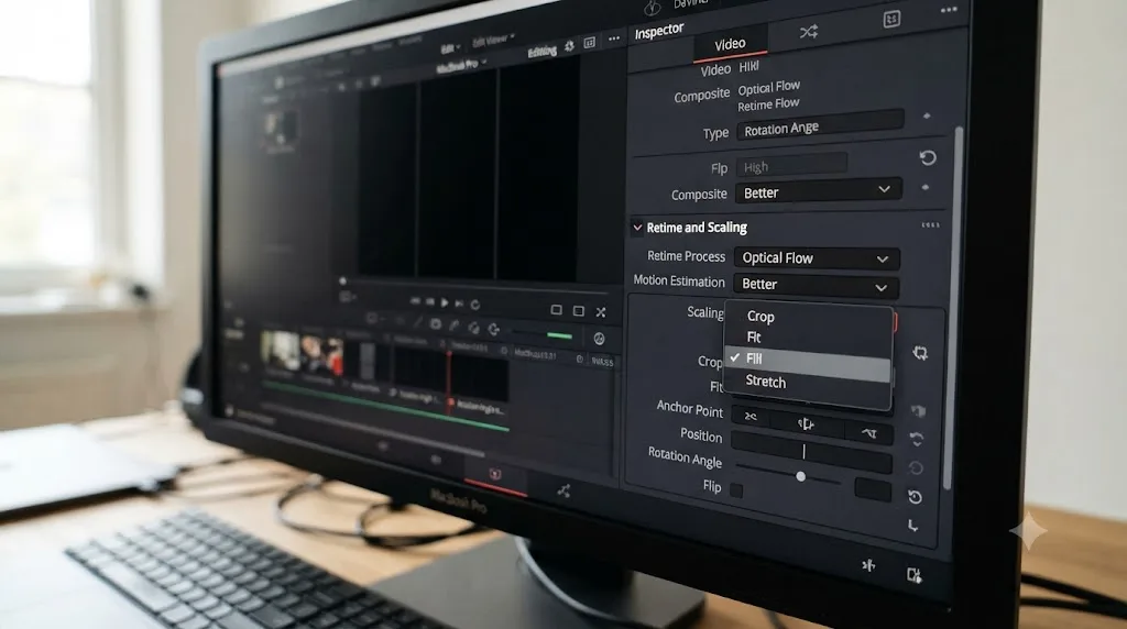 Illustration of the DaVinci Resolve Inspector Retime and Scaling section with the Scaling dropdown open