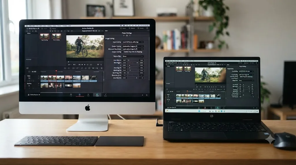 Illustration of a Mac and a Windows computer showing identical DaVinci Resolve Image Scaling settings panels