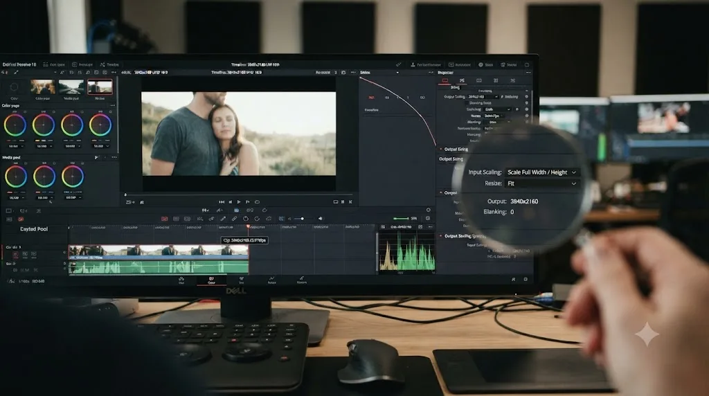 Illustration of a DaVinci Resolve timeline with matching resolution numbers that still shows a black bar, highlighting the Output Sizing settings