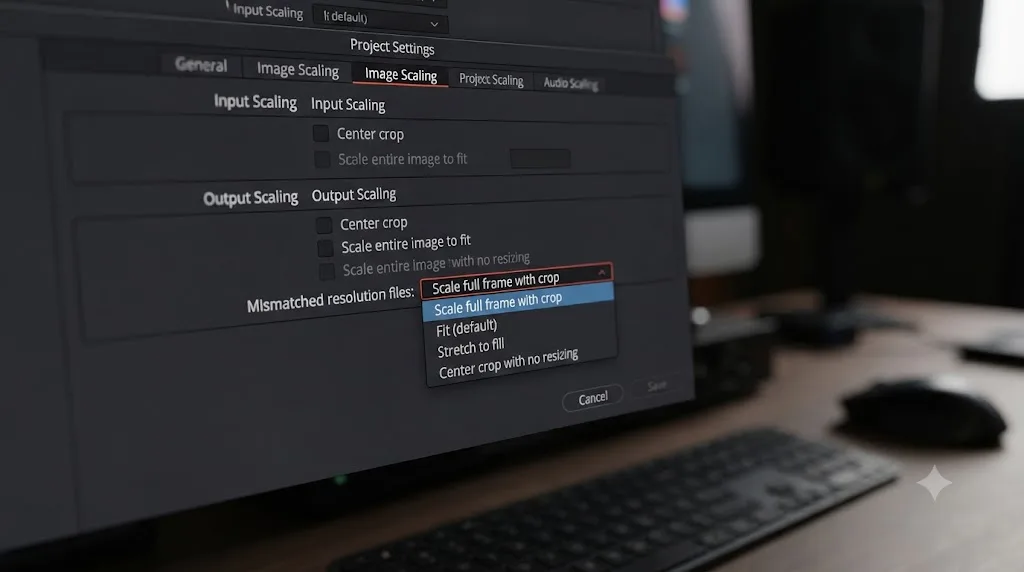 Illustration of the DaVinci Resolve Project Settings Image Scaling tab with the Mismatched Resolution Files dropdown open