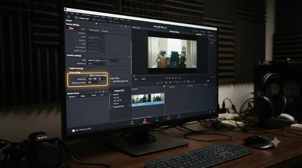 Illustration of the DaVinci Resolve Deliver page Output Sizing tab with the Match Timeline Settings checkbox highlighted