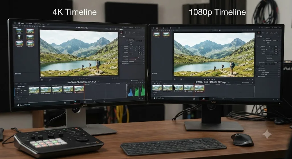 Illustration comparing the same clip placed on a 4K timeline and a 1080p timeline in DaVinci Resolve showing a resolution mismatch