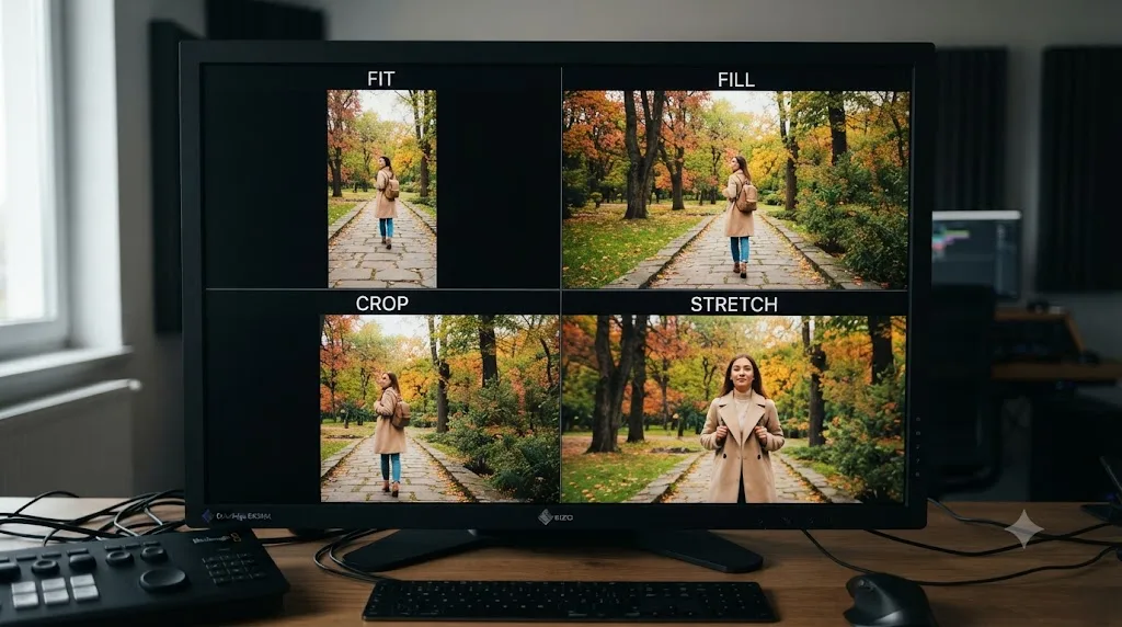 Illustration comparing the same DaVinci Resolve clip scaled with Fit, Fill, Crop, and Stretch options