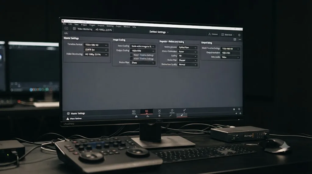 Illustration comparing the DaVinci Resolve Master Settings, Image Scaling, Retime and Scaling, and Output Sizing panels side by side