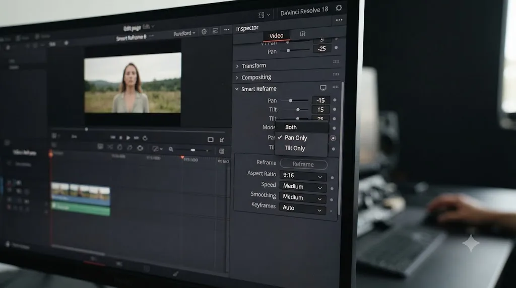 Illustration of the DaVinci Resolve Inspector Smart Reframe controls with the Pan Only and Tilt Only mode options visible