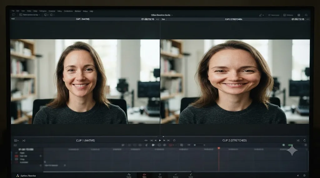 Illustration comparing a correctly proportioned frame against a horizontally stretched and distorted frame in DaVinci Resolve