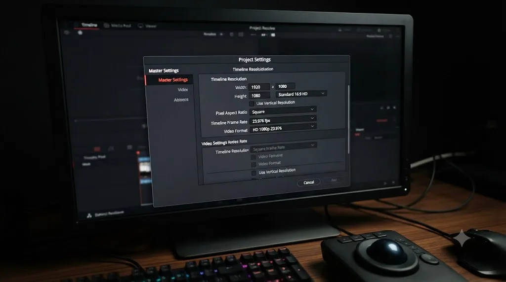 Illustration of a DaVinci Resolve Project Settings dialog showing a timeline resolution reverted from vertical to horizontal orientation