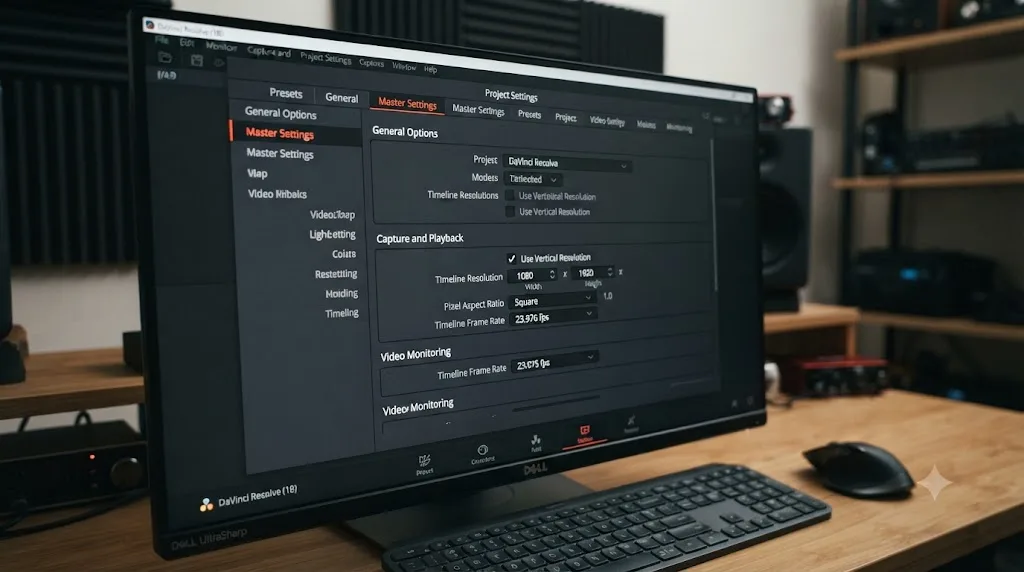 Illustration of the DaVinci Resolve Project Settings panel with a vertical 1080 by 1920 timeline resolution and Use Vertical Resolution checkbox enabled