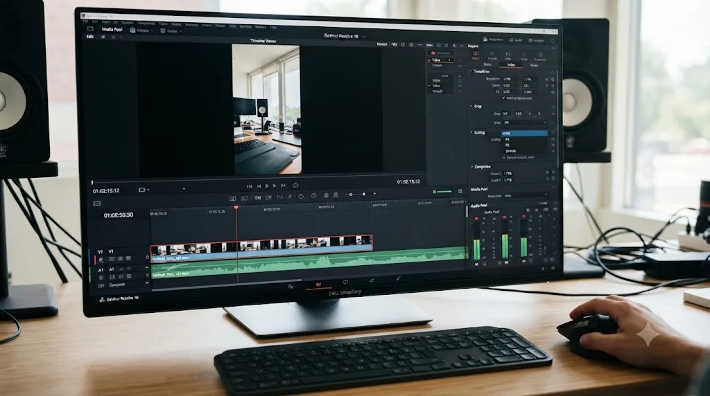 Illustration of a troubleshooting checklist overlaid on a DaVinci Resolve timeline showing black bars resolved through the Inspector Scaling dropdown