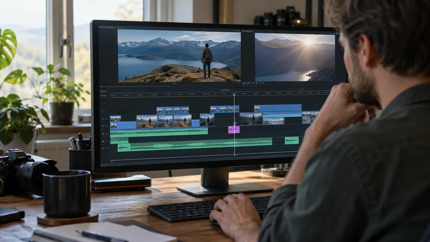 Illustration of a blade cursor aimed at one clip in a stacked DaVinci Resolve timeline