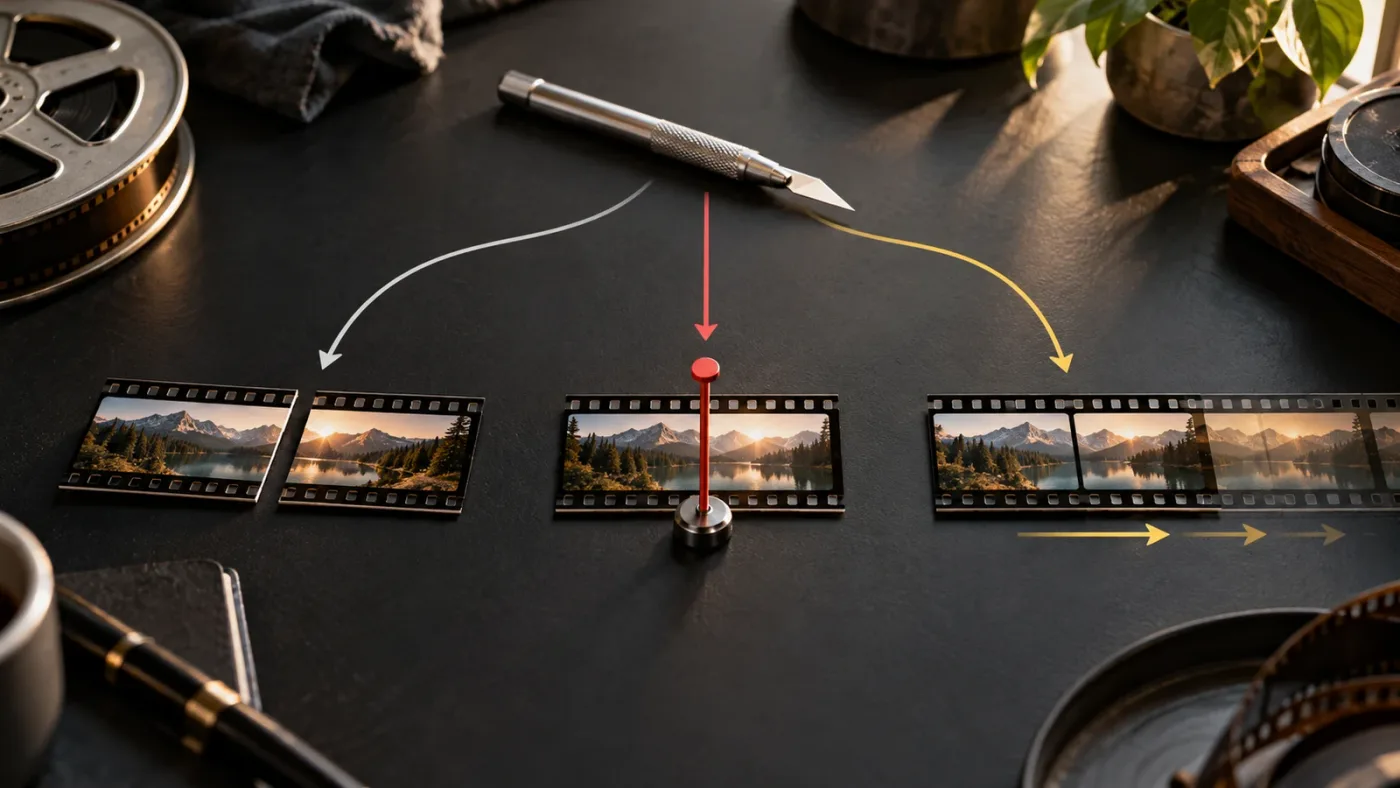 Illustration of three DaVinci Resolve edit choices for a single clip, aligned tracks, and ripple removal