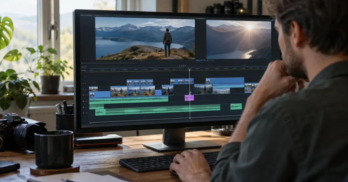 Illustration of a video editor checking the blade cursor against stacked timeline tracks