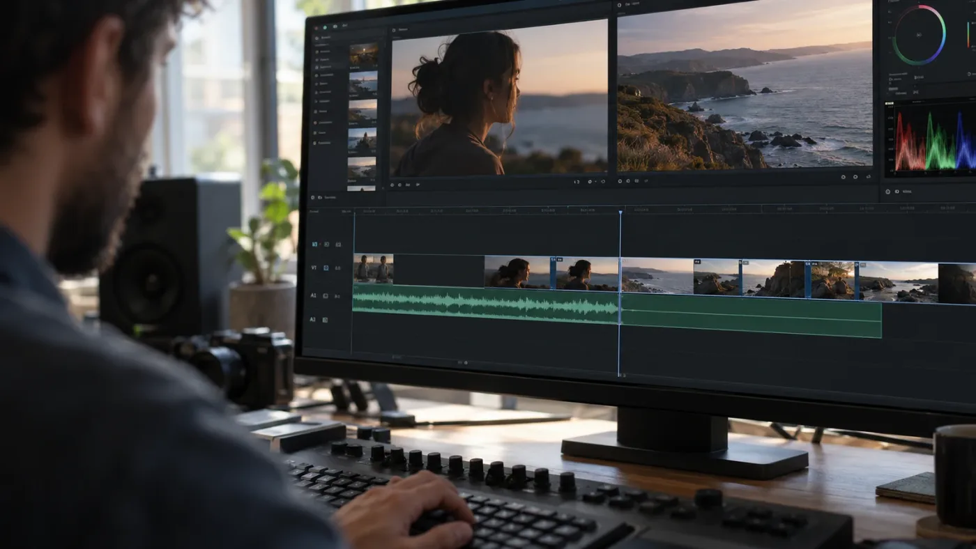 Illustration of a J-cut where dialogue audio continues across a separate picture edit