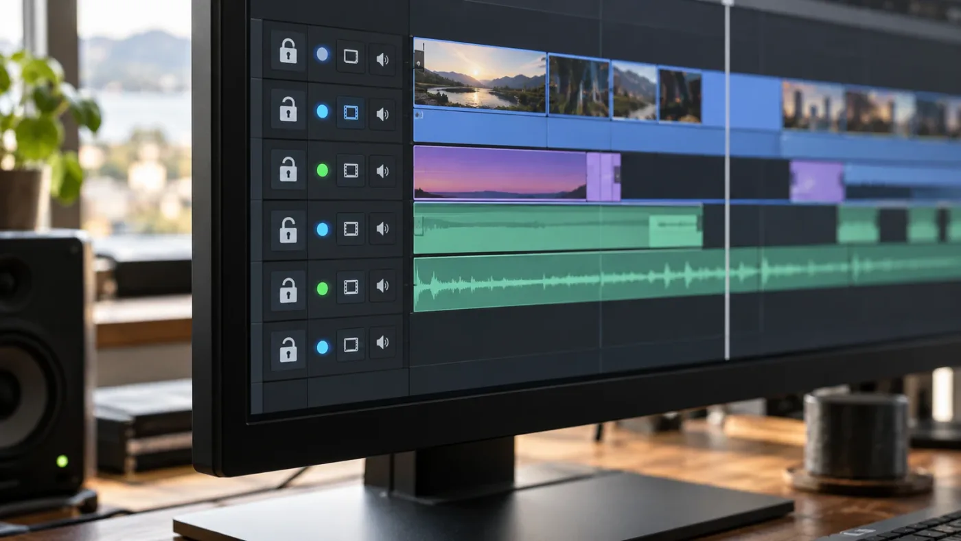Illustration of track labels and edit participation controls in a multitrack timeline