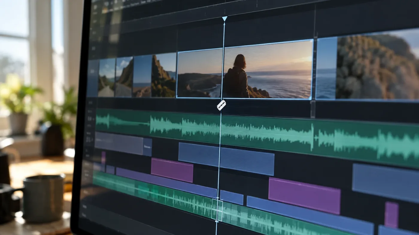 Illustration of a zoomed timeline with a clear blade target in the middle of a clip