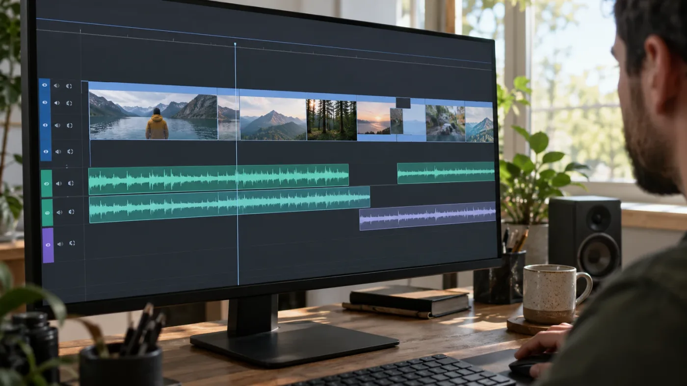 Illustration of video and audio tracks showing how a speed change can affect linked sound.
