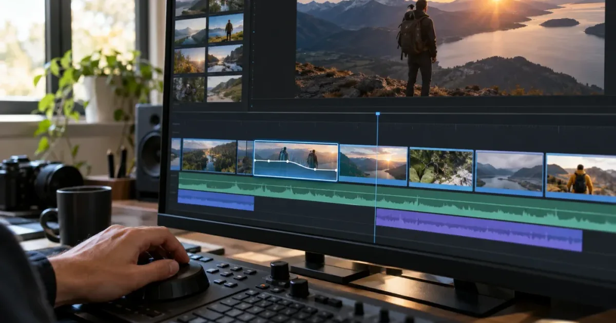 Illustration of a video editor changing clip speed while later timeline clips stay in place