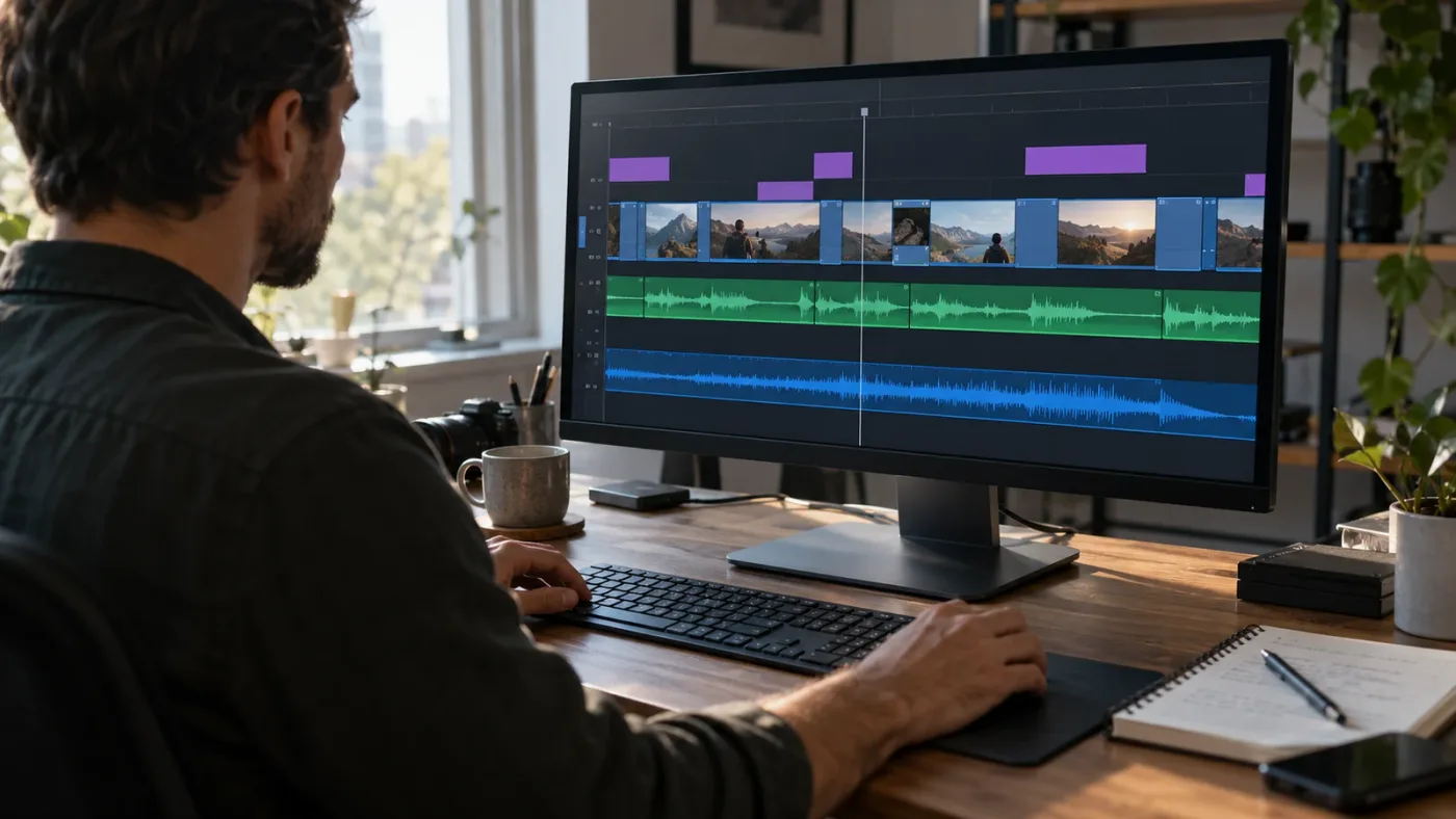 Illustration of a multitrack edit where music and dialogue need separate sync decisions.