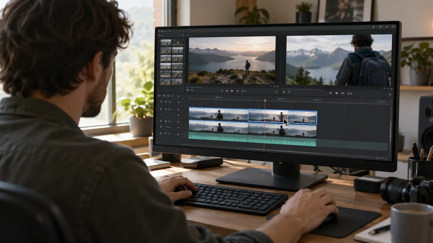 Illustration of a video editor practicing a speed change in a duplicate Resolve timeline.
