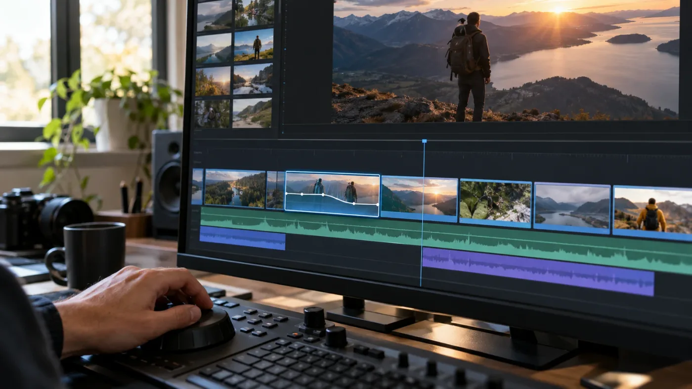 Illustration of a DaVinci Resolve timeline where a speed-adjusted clip changes inside fixed downstream timing.