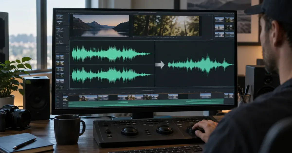 Illustration of stereo audio channels becoming a centered mono waveform in DaVinci Resolve