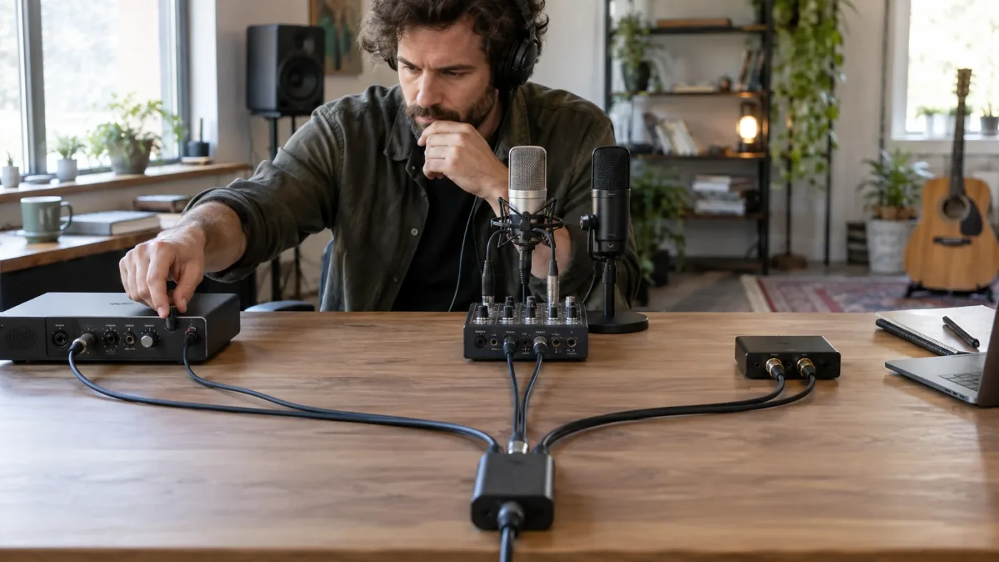 Illustration of three DaVinci Resolve stereo-to-mono decisions for dialogue, dual microphones, and music