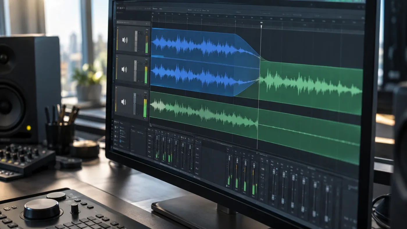 Illustration of a Fairlight stereo track changing to a mono track with centered playback
