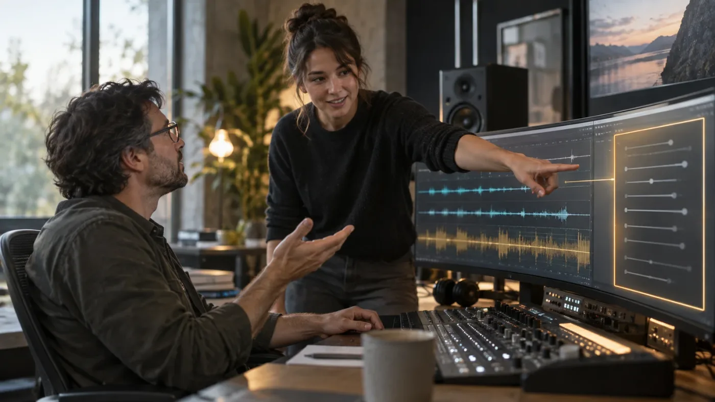 Illustration of an on-screen assistant pointing to the DaVinci Resolve audio control needed for stereo to mono