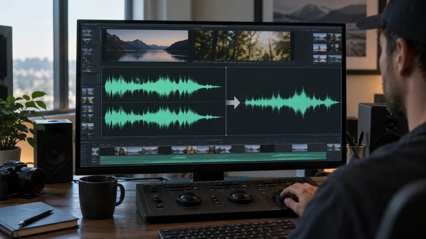 Illustration of stereo audio becoming a centered mono waveform in DaVinci Resolve