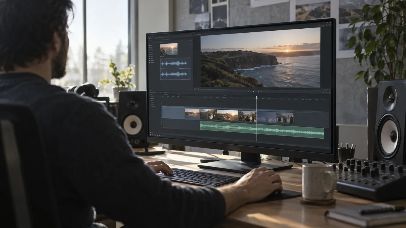 Illustration of a stereo source clip routed through a mono timeline track in DaVinci Resolve