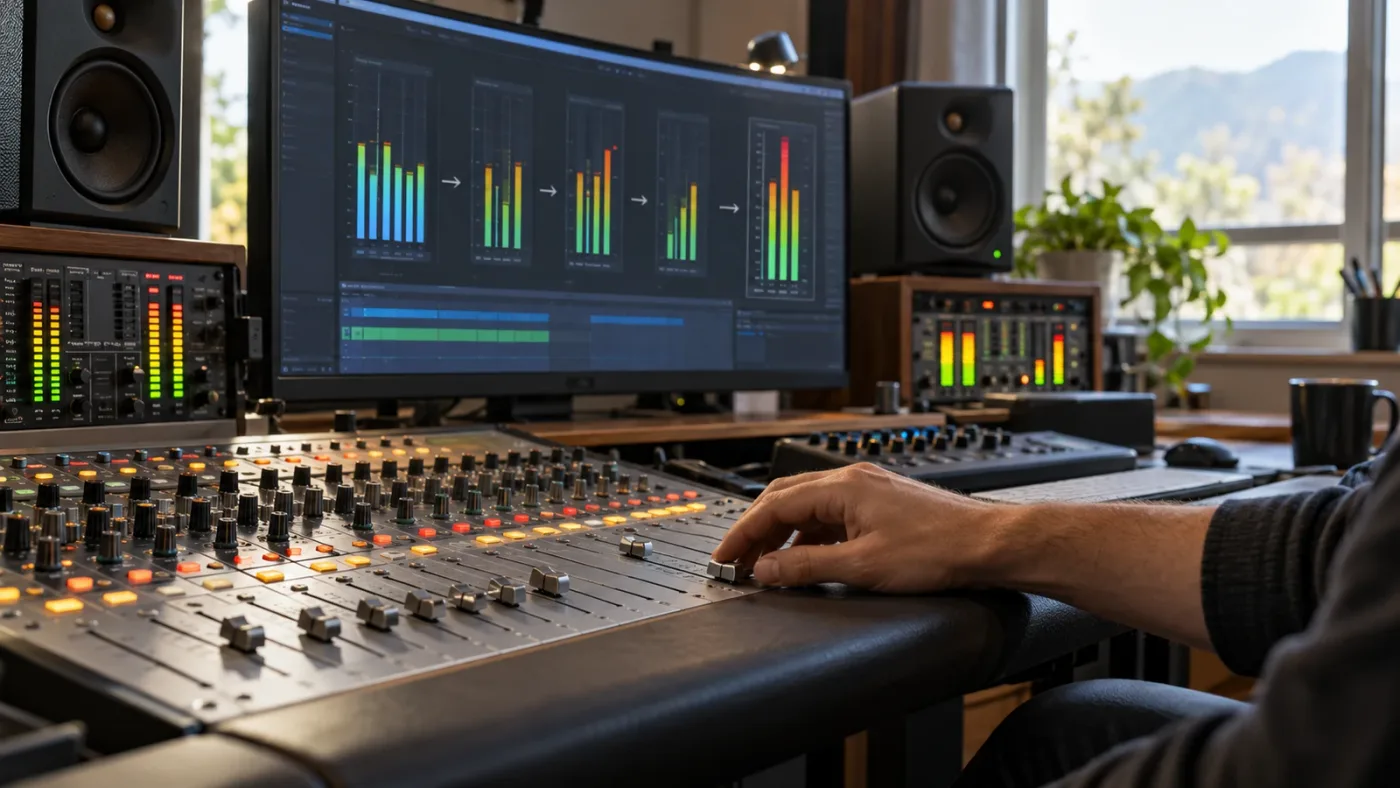 Illustration of checking DaVinci Resolve audio meters across clip, track, bus and output