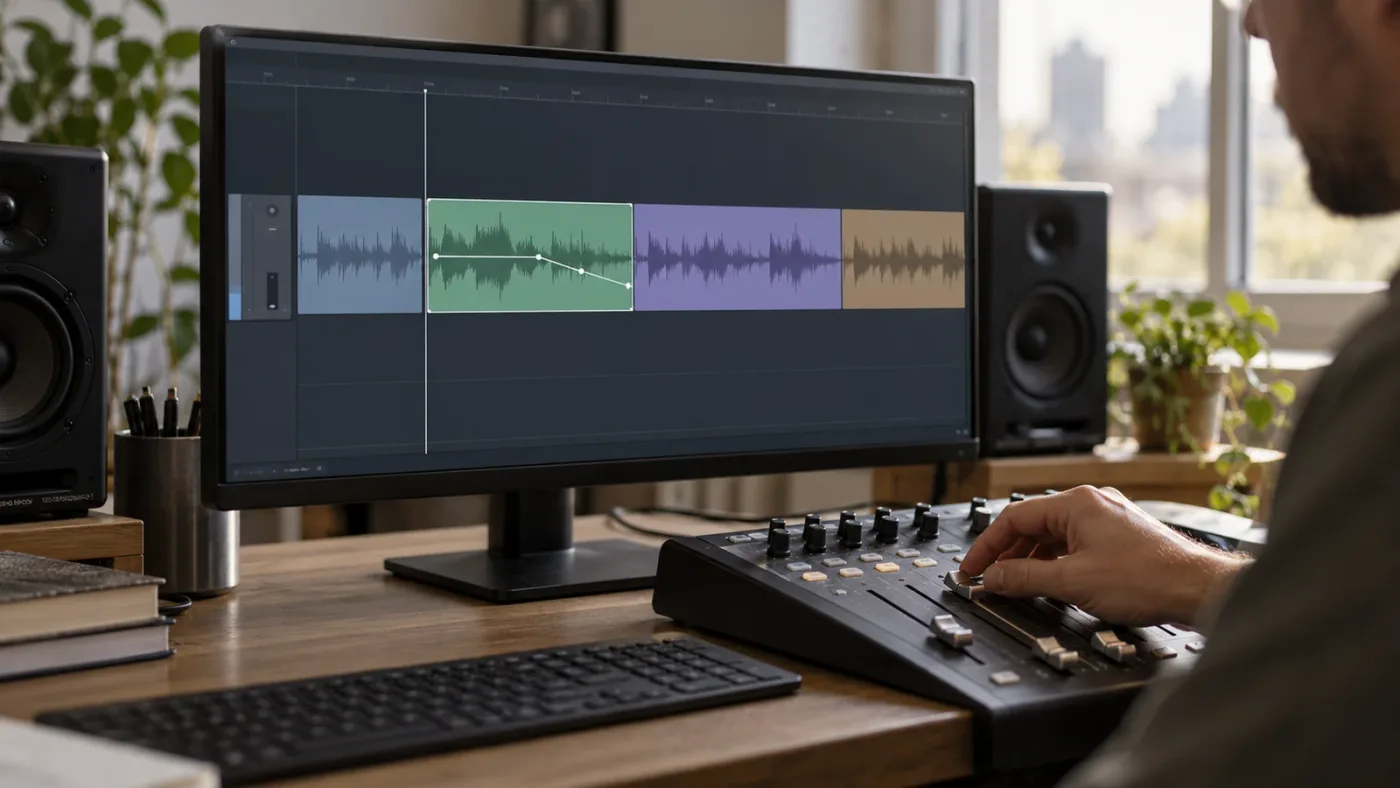 Illustration of clip volume changing one DaVinci Resolve audio clip while track volume affects a whole track