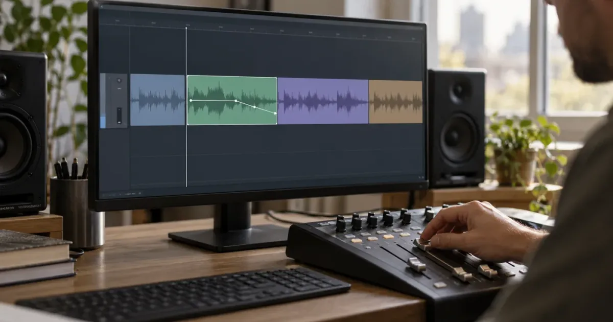 Illustration of a DaVinci Resolve audio timeline with one clip gain line and one track fader controlling a group of clips