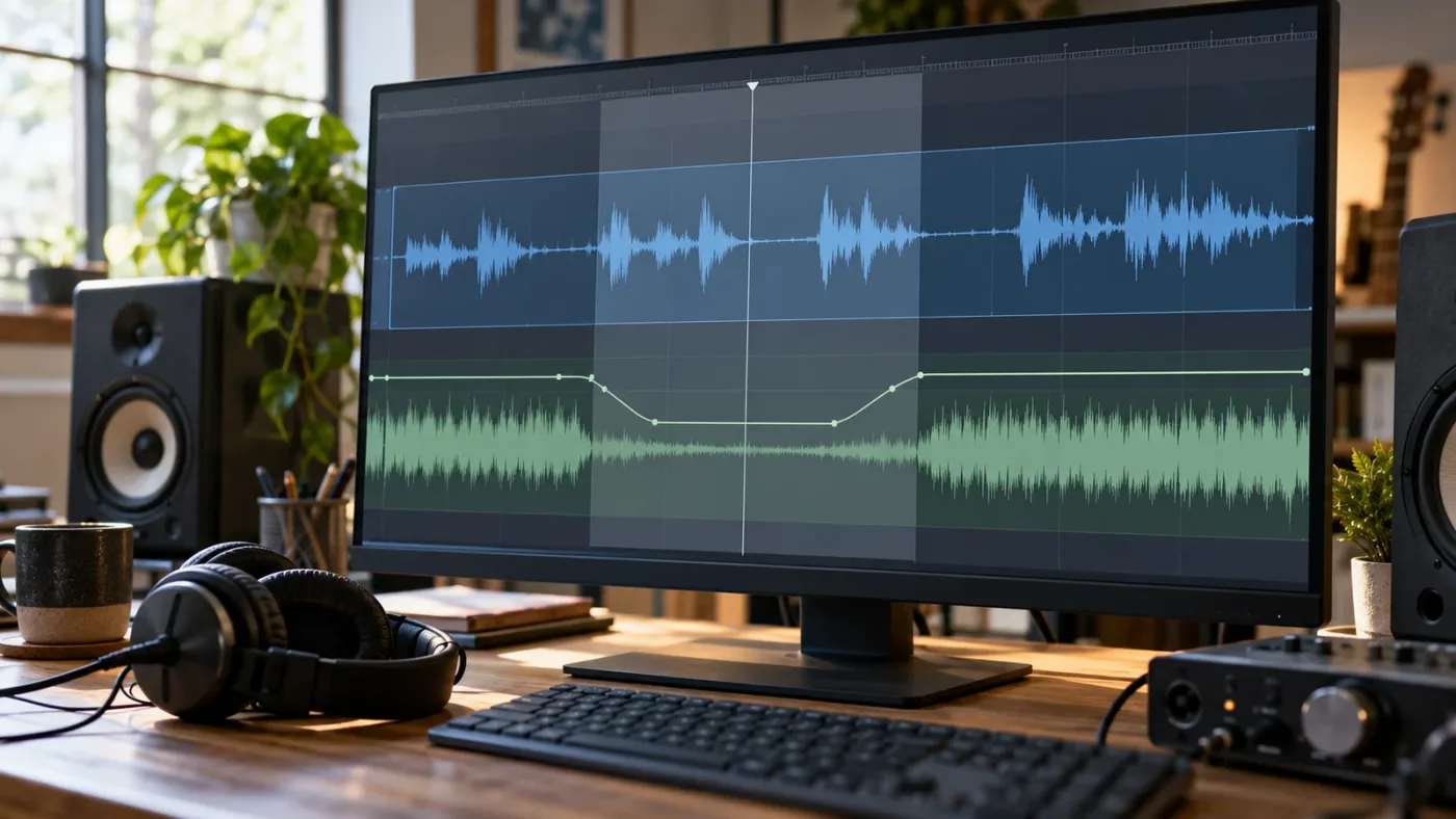 Illustration of DaVinci Resolve music track automation ducking under dialogue