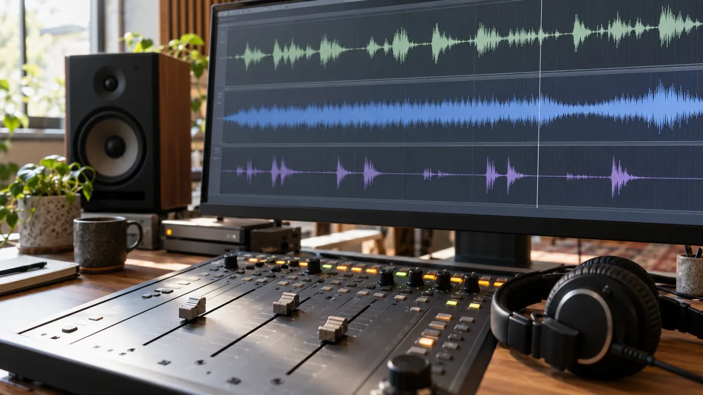 Illustration of dialogue, music and effects on separate DaVinci Resolve audio tracks