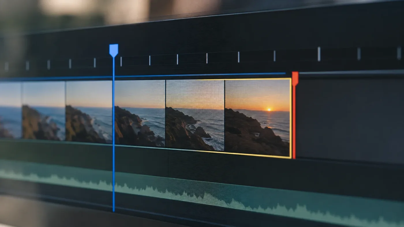 Illustration of a magnified DaVinci Resolve timeline showing a marker and outpoint one frame apart