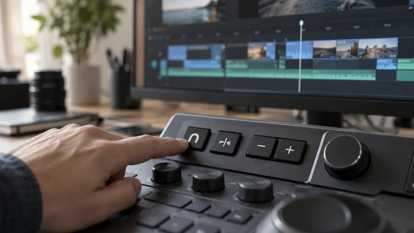 Illustration of a DaVinci Resolve timeline toolbar with the magnet and trim controls