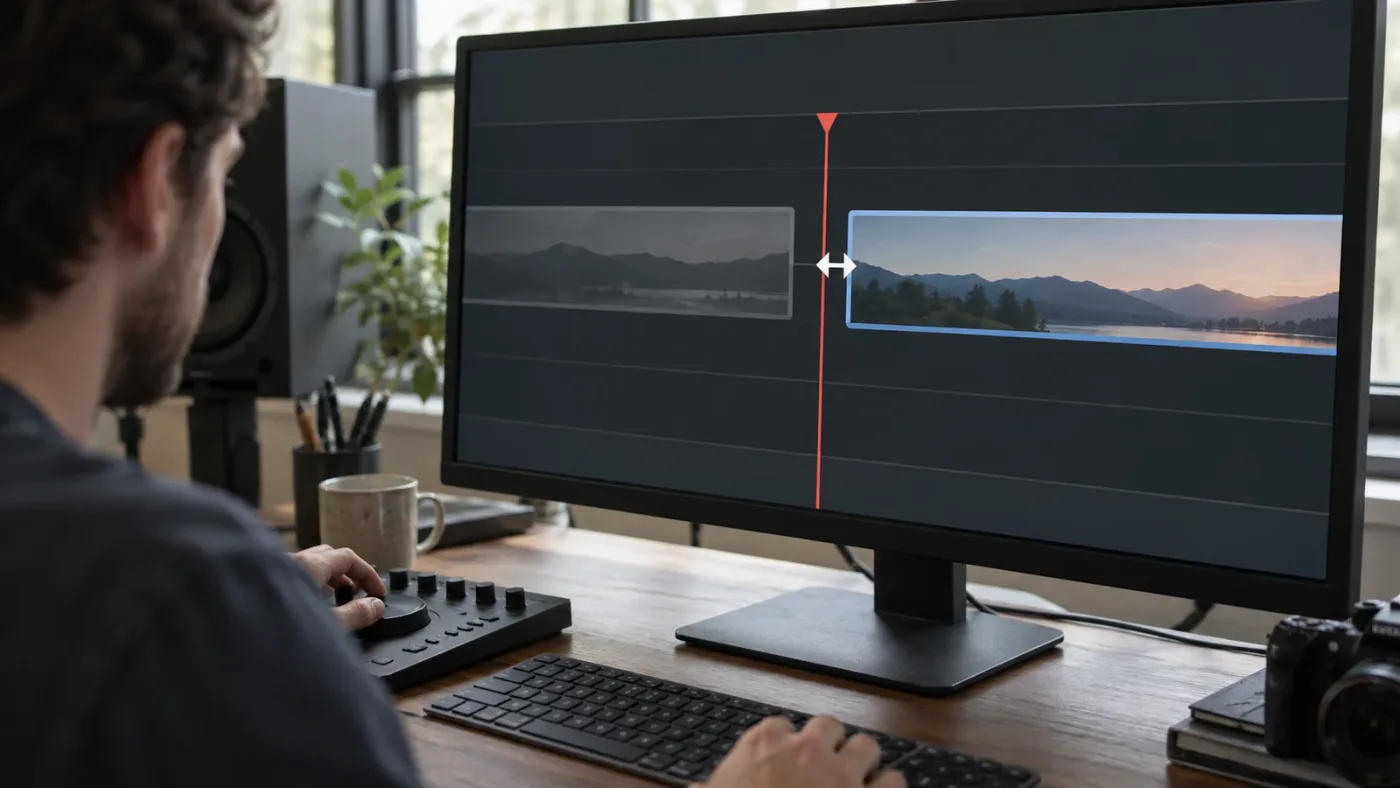 Illustration of trimming a DaVinci Resolve clip head toward the playhead