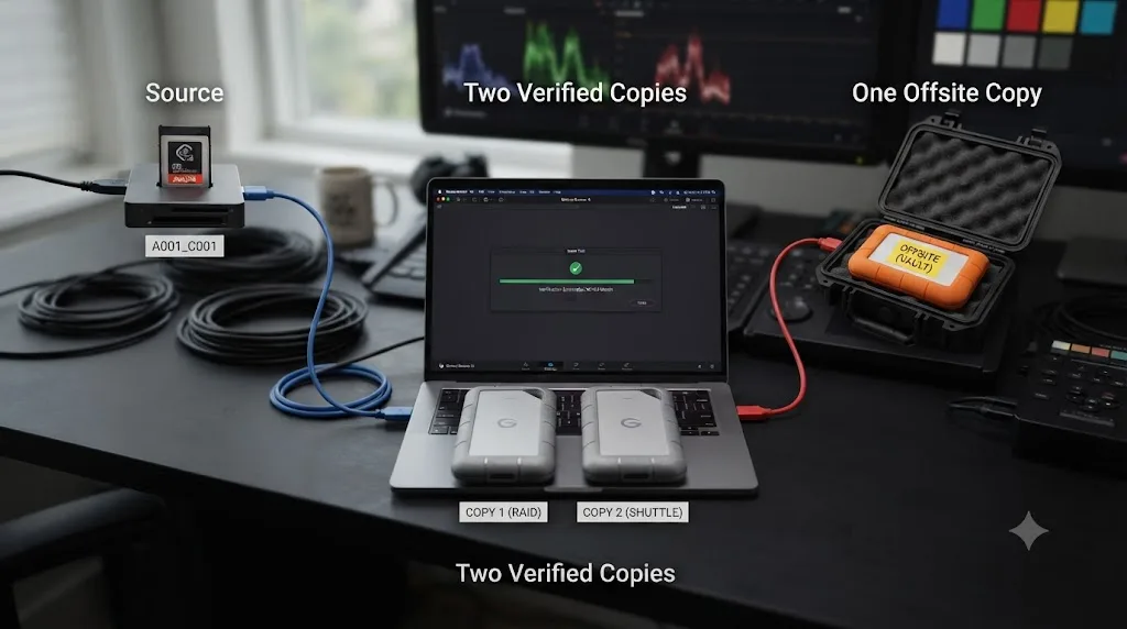 Illustration of the 3-2-1 backup rule applied to a camera card with two verified drives and one offsite copy