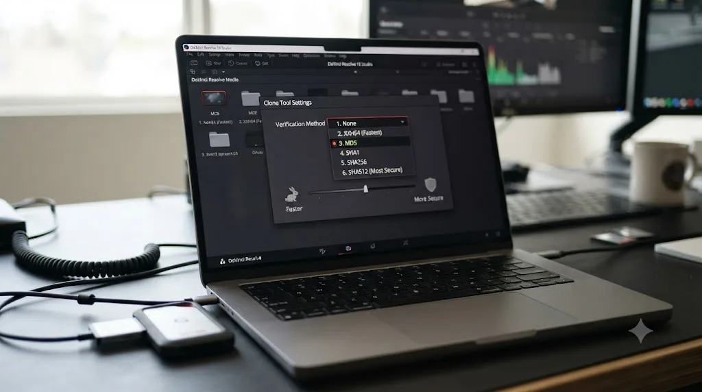 Illustration of the DaVinci Resolve Clone Tool checksum options menu with a speed versus security slider