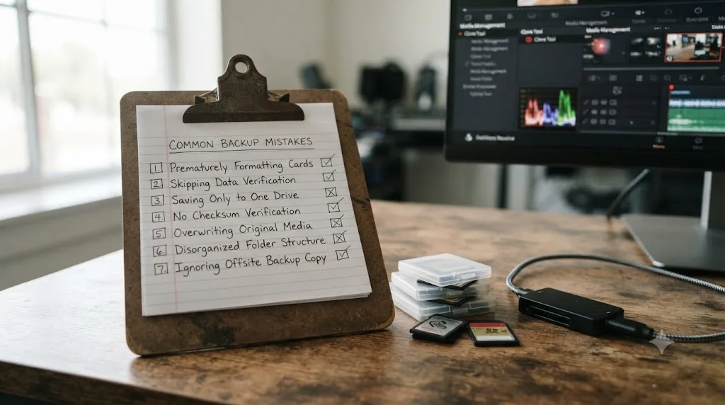 Illustration of a checklist of common camera card backup mistakes on a clipboard beside a stack of memory cards