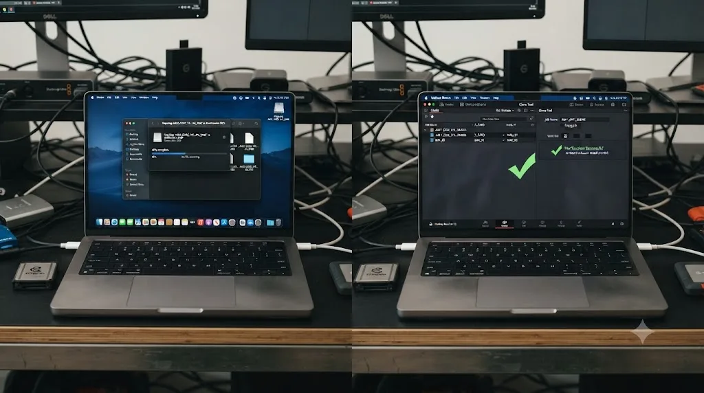 Illustration comparing a plain drag-and-drop file copy against a DaVinci Resolve Clone Tool verified copy with a checkmark