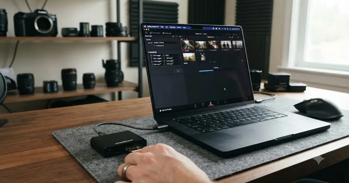 Illustration of a DaVinci Resolve Clone Tool session copying a camera memory card to two destination drives at once