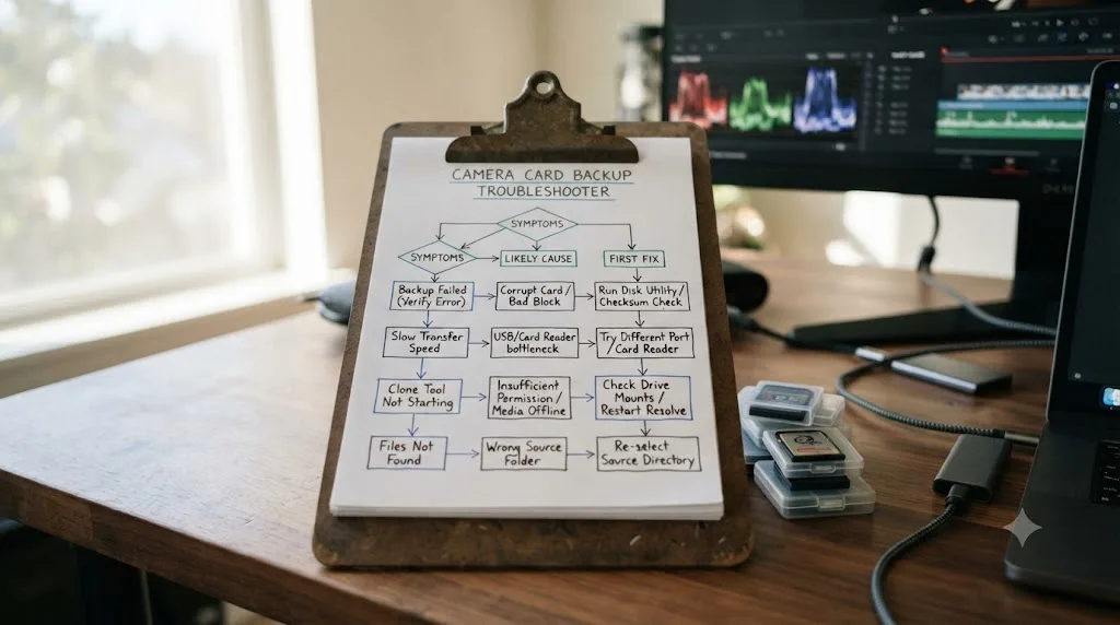 Illustration of a decision flowchart matching camera card backup problems to their likely causes and first fixes