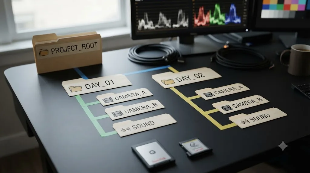 Illustration of a drive folder structure diagram organized by shoot day and camera source
