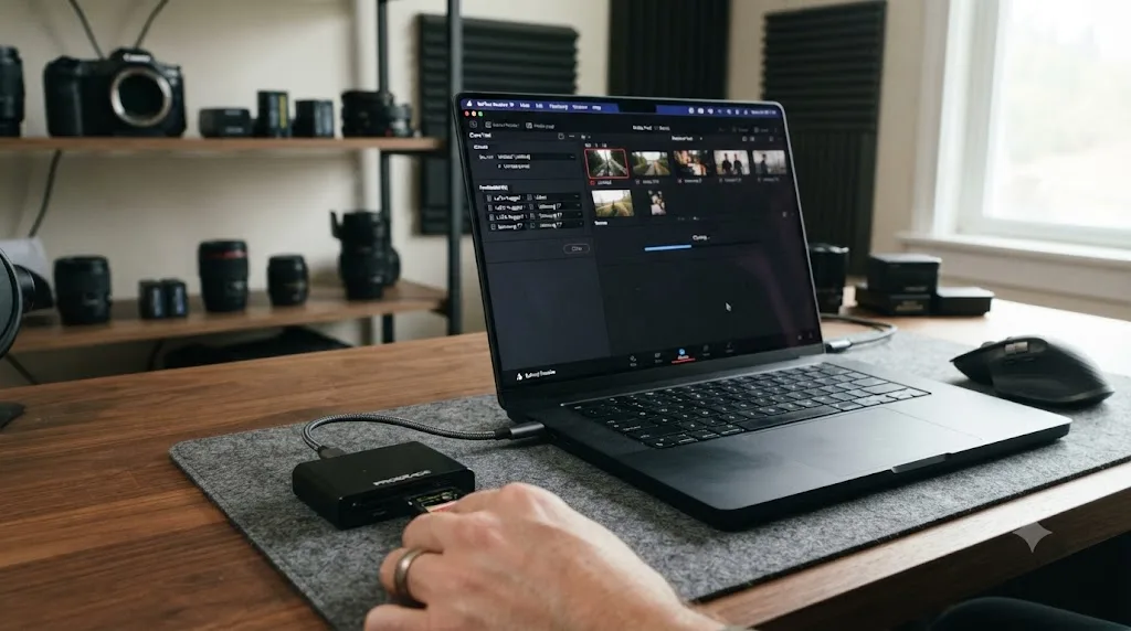 Illustration of a camera memory card being loaded into a card reader beside a laptop running DaVinci Resolve's Clone Tool