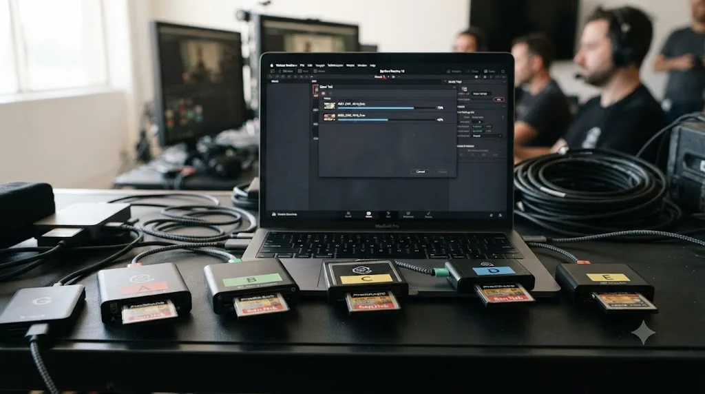 Illustration of multiple camera memory cards being offloaded through separate card readers on a multicam shoot day